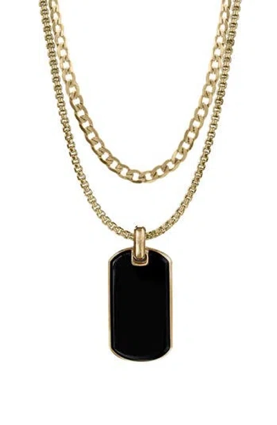 American Exchange Set Of 2 Curb Chain & Dog Tag Pendant Necklaces In Black/gold