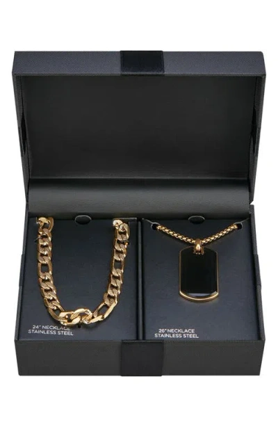 American Exchange Set Of 2 Curb Chain & Dog Tag Pendant Necklaces In Black/gold
