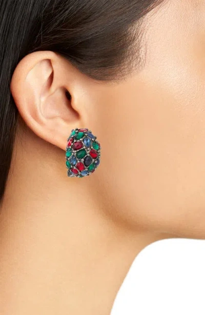 Kenneth Jay Lane Faux Ruby Emerald Sapphire Clip-on Earrings In Gun Metal