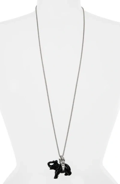 Kenneth Jay Lane Black Elephant Pendant Long Necklace In Polished Silver