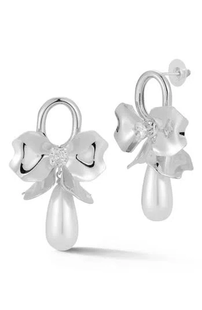 Sphera Milano Faux Pearl Bow Drop Earrings In Silver