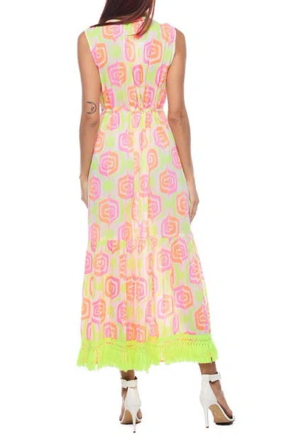 Ranee's Ranees Tie Neck Fringe Trim Cotton Maxi Sundress In Neon
