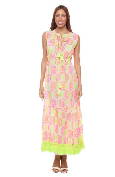 Ranee's Ranees Tie Neck Fringe Trim Cotton Maxi Sundress In Neon