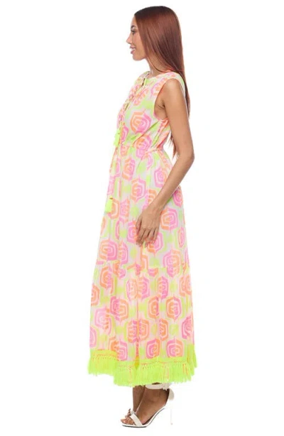 Ranee's Ranees Tie Neck Fringe Trim Cotton Maxi Sundress In Neon