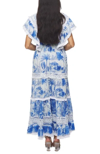 Ranee's Ranees Plunge Fringe Trim Maxi Dress In Blue