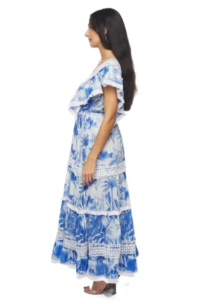 Ranee's Ranees Plunge Fringe Trim Maxi Dress In Blue