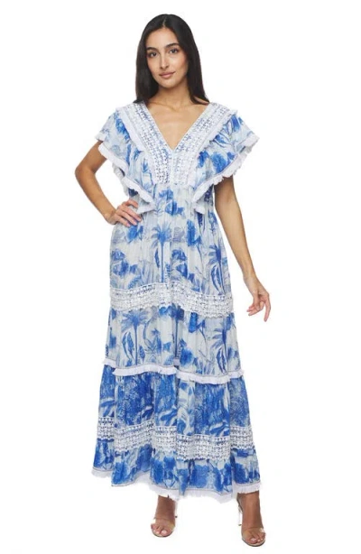 Ranee's Ranees Plunge Fringe Trim Maxi Dress In Blue