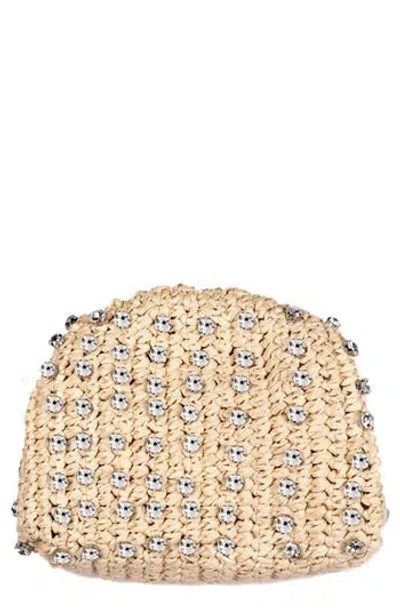 Adornia Crystal Embellished Raffia Clutch In Tan