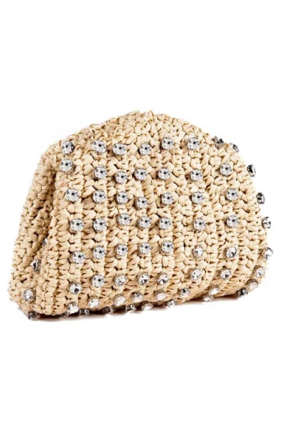 Adornia Crystal Embellished Raffia Clutch In Tan