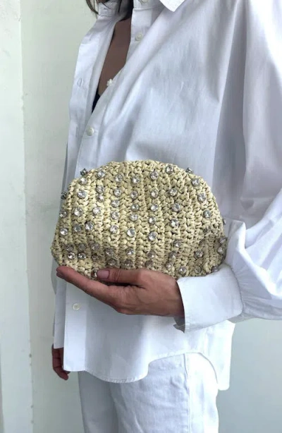 Adornia Crystal Embellished Raffia Clutch In Tan