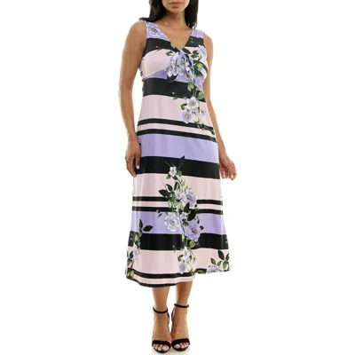 Nina Leonard Tie Front Sleeveless Midi Dress In Black/lilac