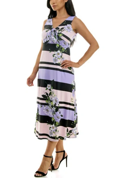 Nina Leonard Tie Front Sleeveless Midi Dress In Black/lilac