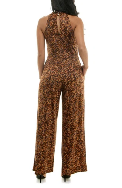 Nina Leonard Twisted Halter Neck Jumpsuit In Cognac Multi