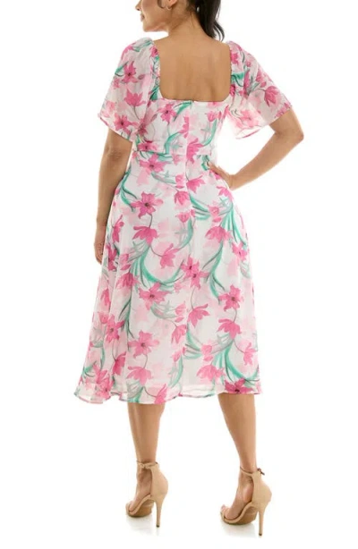 Nina Leonard Flutter Sleeve Sweetheart Midi Dress In Pink Ribbon Multi