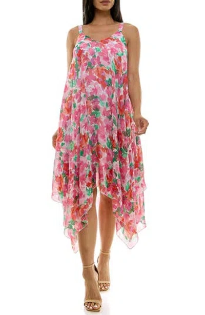 Nina Leonard Patterned Handkerchief Hem Dress In Guava Multi