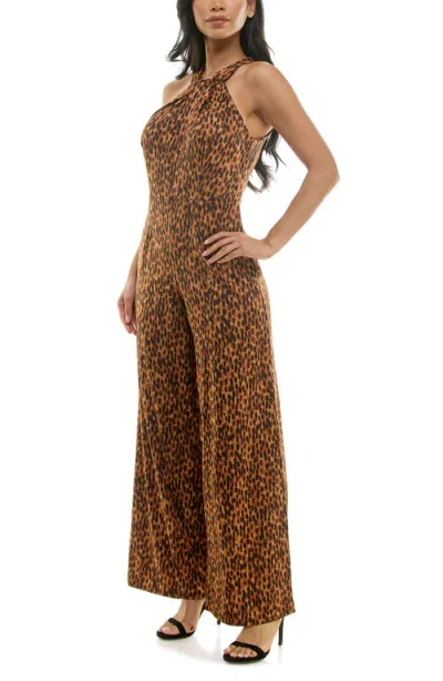 Nina Leonard Twisted Halter Neck Jumpsuit In Cognac Multi