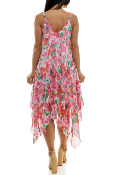 Nina Leonard Patterned Handkerchief Hem Dress In Guava Multi