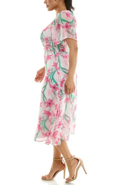 Nina Leonard Flutter Sleeve Sweetheart Midi Dress In Pink Ribbon Multi