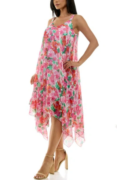 Nina Leonard Patterned Handkerchief Hem Dress In Guava Multi