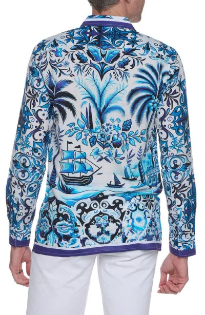 Ranee's Ranees Extra Trim Fit Print Linen & Cotton Button-up Resort Shirt In Blue
