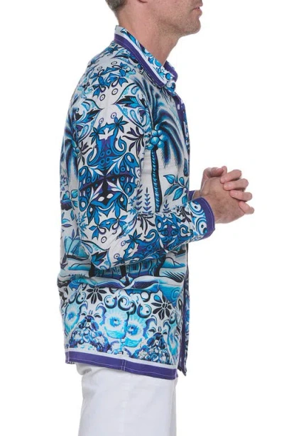 Ranee's Ranees Extra Trim Fit Print Linen & Cotton Button-up Resort Shirt In Blue