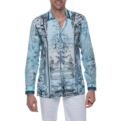 Ranee's Ranees Extra Trim Fit Print Linen & Cotton Button-up Resort Shirt In Light Blue