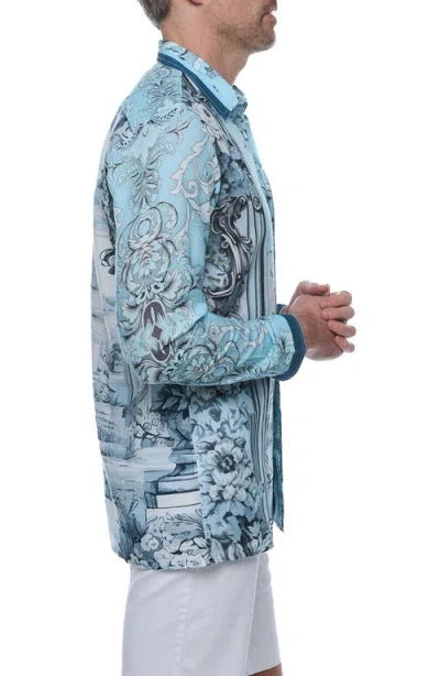 Ranee's Ranees Extra Trim Fit Print Linen & Cotton Button-up Resort Shirt In Light Blue