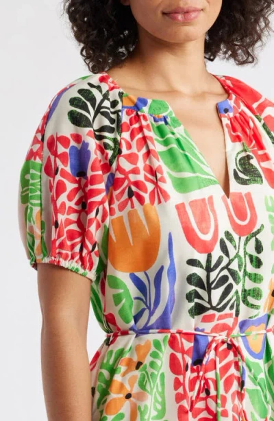 Julia Jordan Printed Puff Sleeve Midi Dress In Ivory Multi