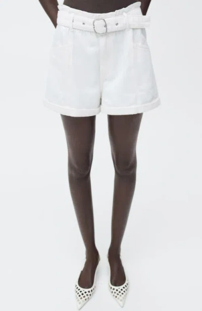 Shop Mango Paperbag Waist Belted Twill Shorts In White