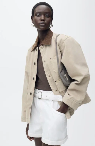 Mango Paperbag Waist Belted Twill Shorts In White