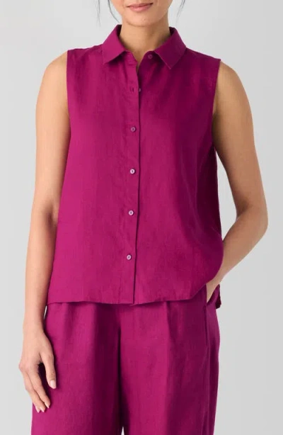 Eileen Fisher Classic Sleeveless Organic Linen Button-up Shirt In Sangria