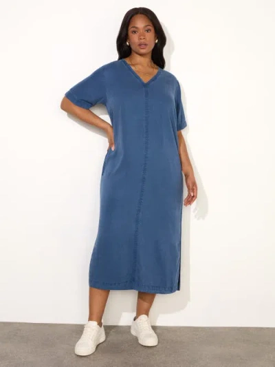 Live Unlimited V-neck Short Sleeve Midi T-shirt Dress In Blue
