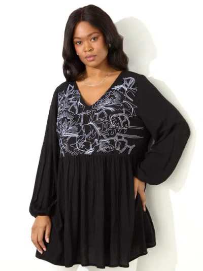 Live Unlimited Long Sleeve Embroidered Crinkle Tunic In Black
