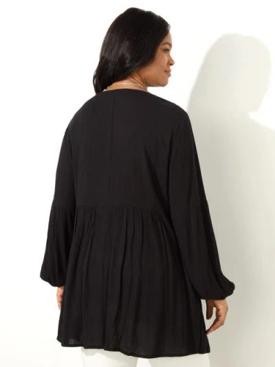Live Unlimited Long Sleeve Embroidered Crinkle Tunic In Black