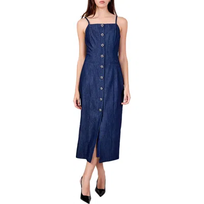 Endless Rose Front Button Denim Maxi Dress In Navy Denim