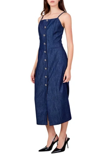 Endless Rose Front Button Denim Maxi Dress In Navy Denim