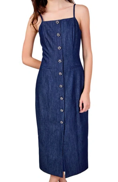 Endless Rose Front Button Denim Maxi Dress In Navy Denim