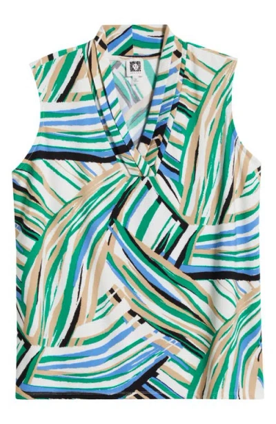 Anne Klein Abstract Print Triple Pleat Sleeveless Top In Green