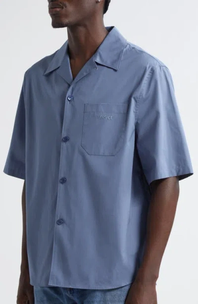 Versace Medusa Cameo Camp Shirt In Stone Blue Met Dark Grey