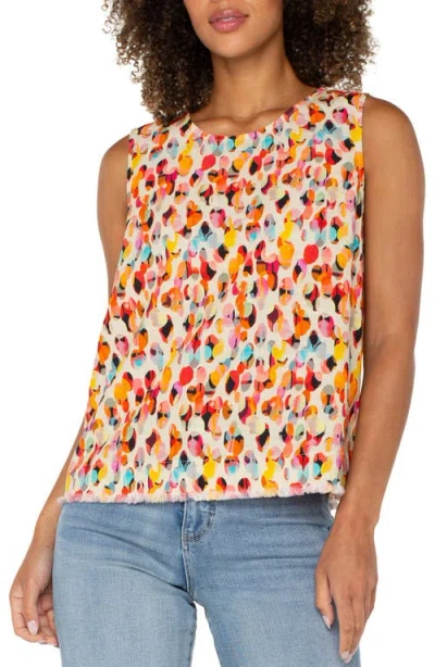 Liverpool Los Angeles Abstract Print Sleeveless Fray Hem Shell In Red Watercolor Dots Multi