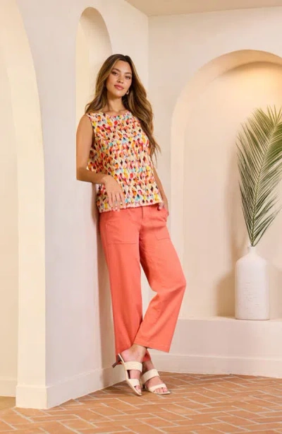 Liverpool Los Angeles Abstract Print Sleeveless Fray Hem Shell In Red Watercolor Dots Multi