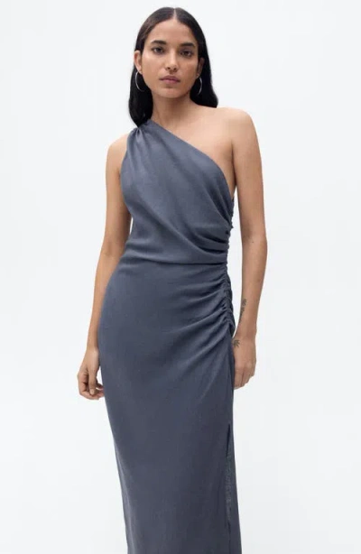 Mango Asymmetric Ruched Dress In Indigo Blue