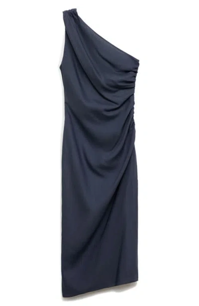 Mango Asymmetric Ruched Dress In Indigo Blue