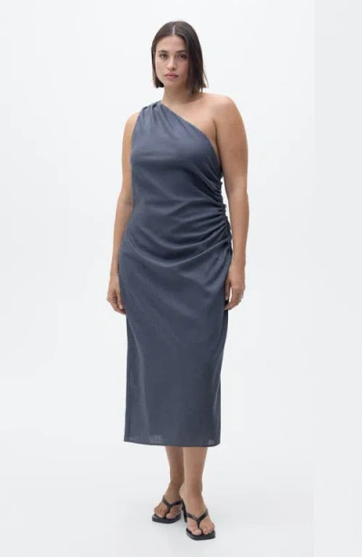 Mango Asymmetric Ruched Dress In Indigo Blue