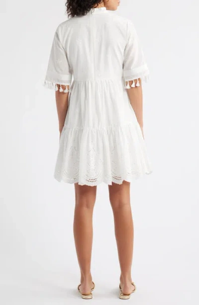 Tahari Asl Eyelet Embroidery Tiered Cotton Shift Dress In White