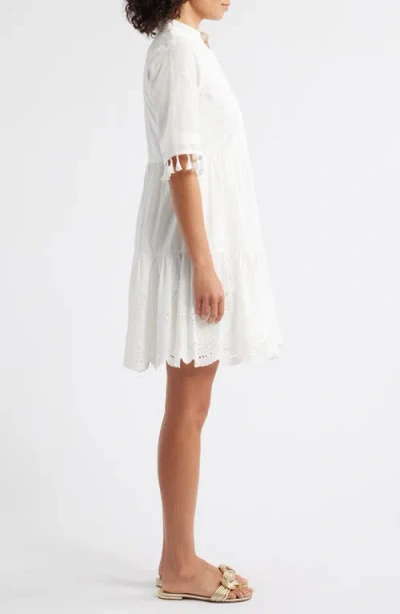 Tahari Asl Eyelet Embroidery Tiered Cotton Shift Dress In White