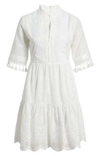 Tahari Asl Eyelet Embroidery Tiered Cotton Shift Dress In White