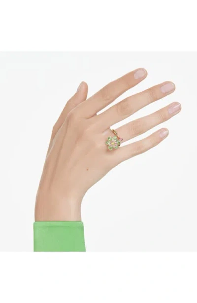 Swarovski Idyllia Flower Motif Crystal Open Ring In Green