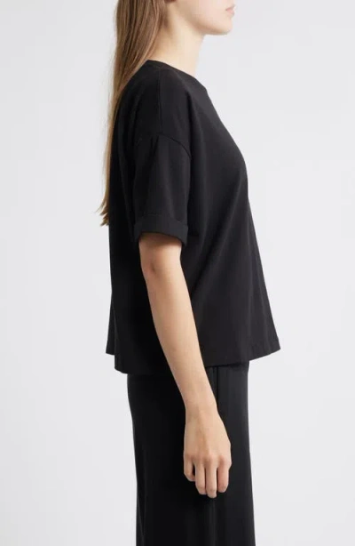 Eileen Fisher Cuffed Sleeve Cotton Crewneck T-shirt In Black