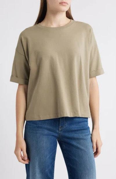 Eileen Fisher Cuffed Sleeve Cotton Crewneck T-shirt In Green